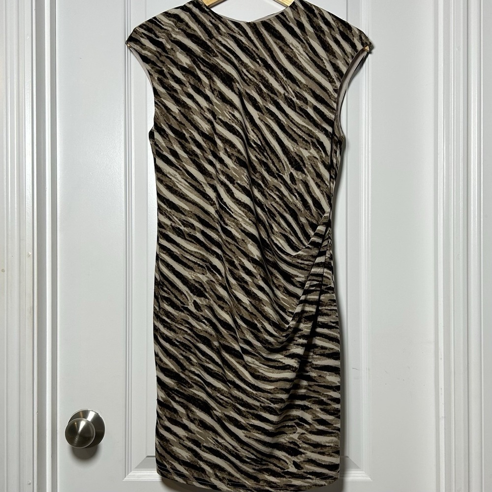 These Three Brown Animal Stripe Ruched Sheath Dress Sleek Polished Chic Style
